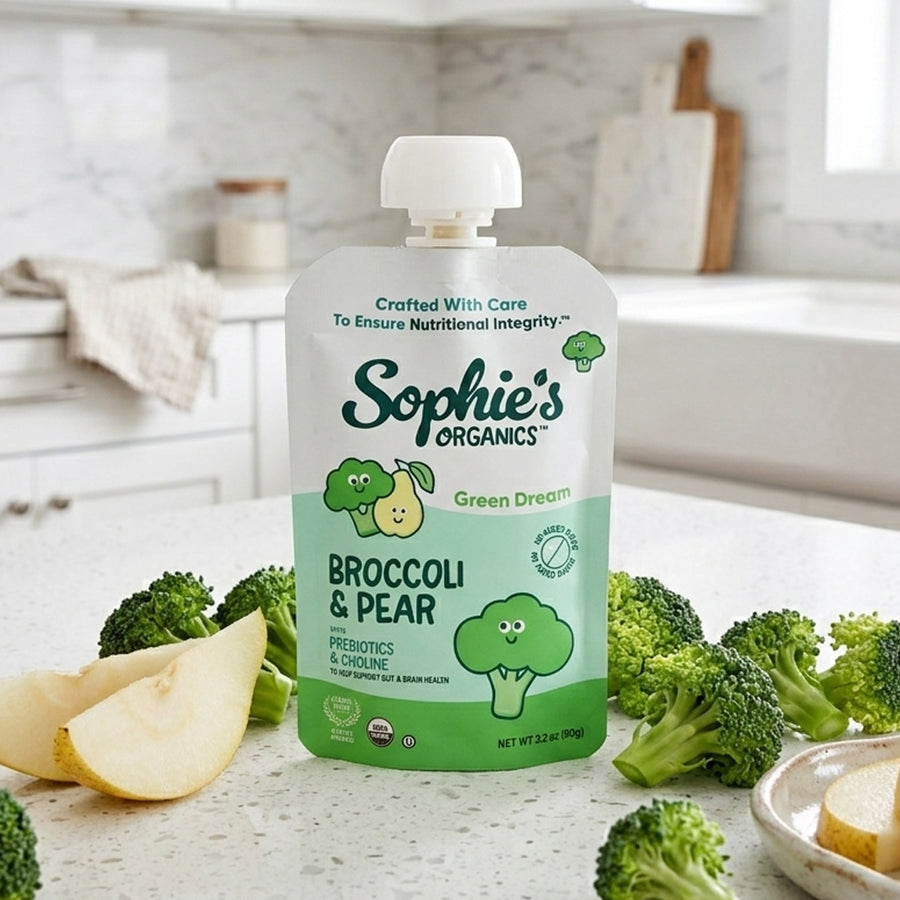 Sophie's Organics Green Dream organic baby food pouch with broccoli and pear