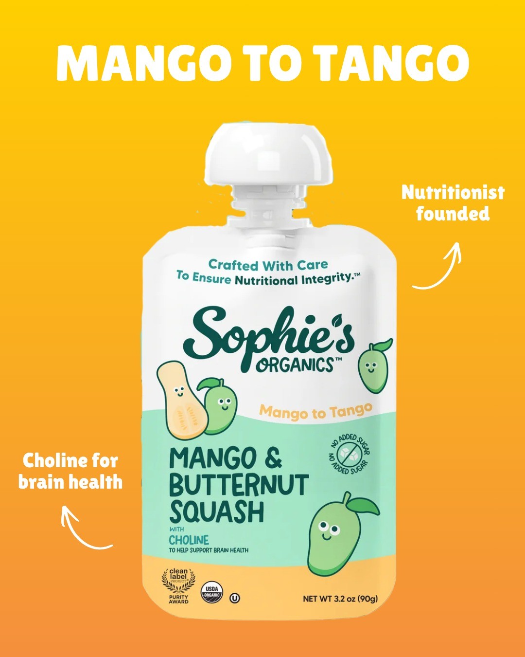 Mango To Tango organic baby food pouch with mango and butternut squash, choline for brain health