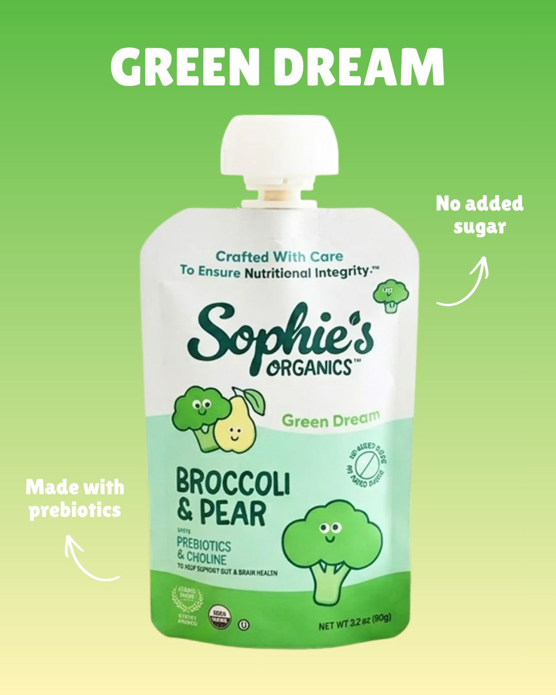 Green Dream organic baby food pouch with broccoli, pear, and apple