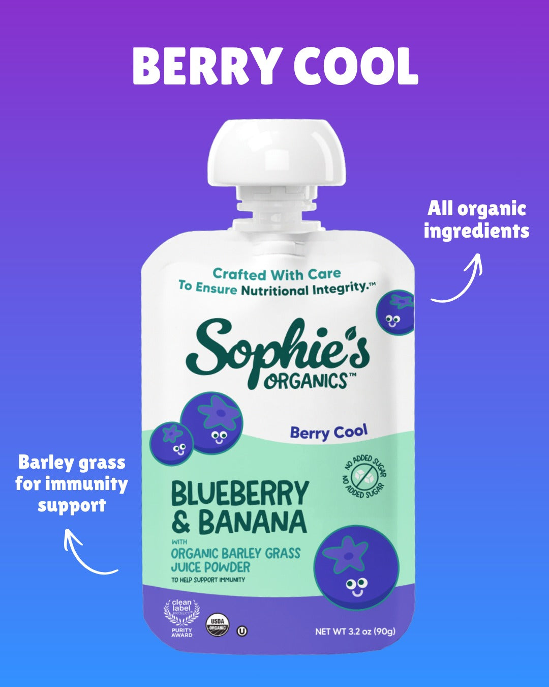Berry Cool Baby Food Pouch: Blueberry, Banana & Barley Grass