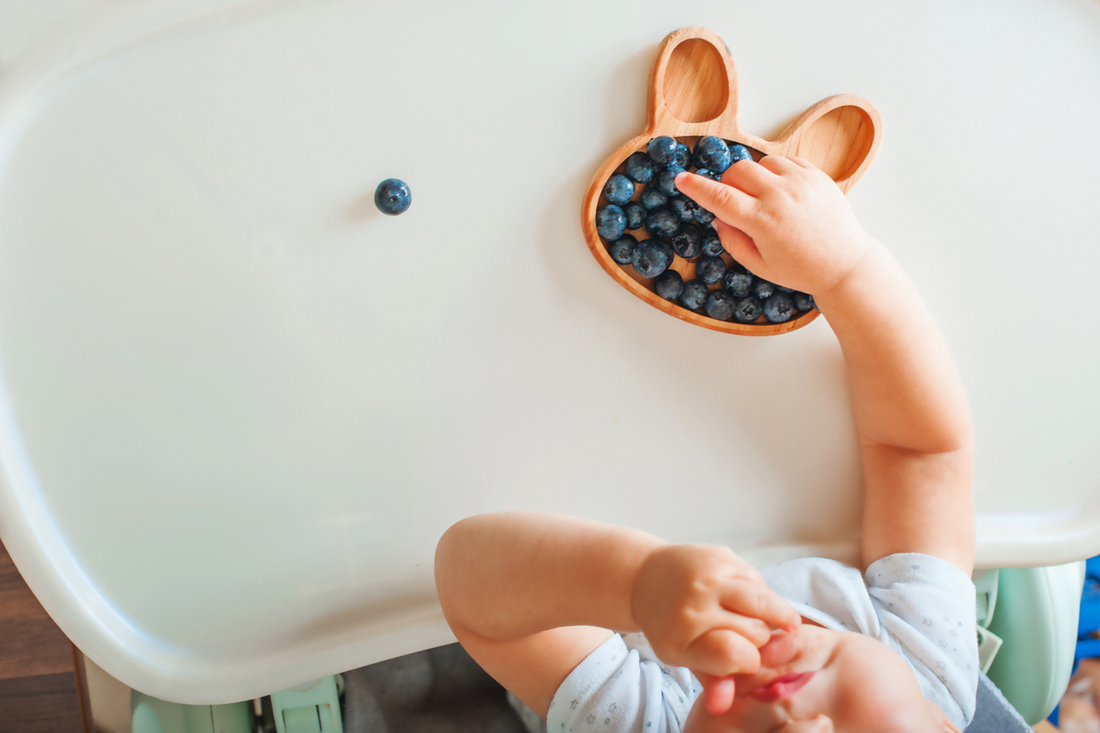 Baby reaching for fresh blueberries in a wooden bowl at a high chair