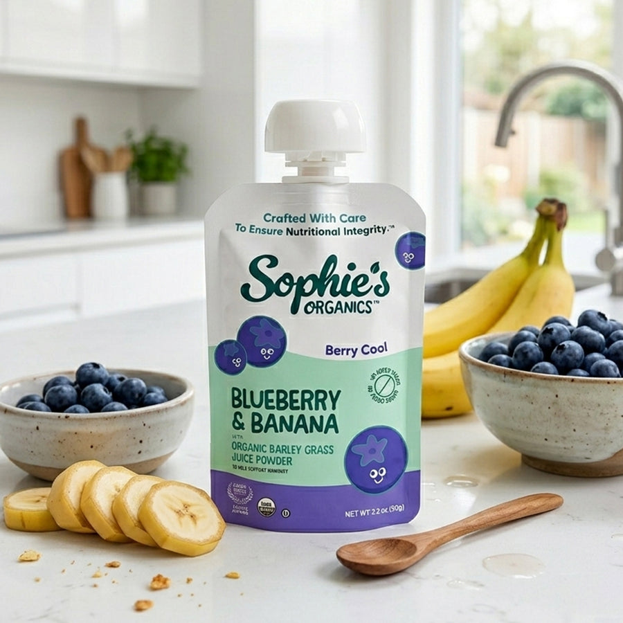 Sophie's Organics Berry Cool organic baby food pouch with blueberry, banana, and organic barley grass juice powder