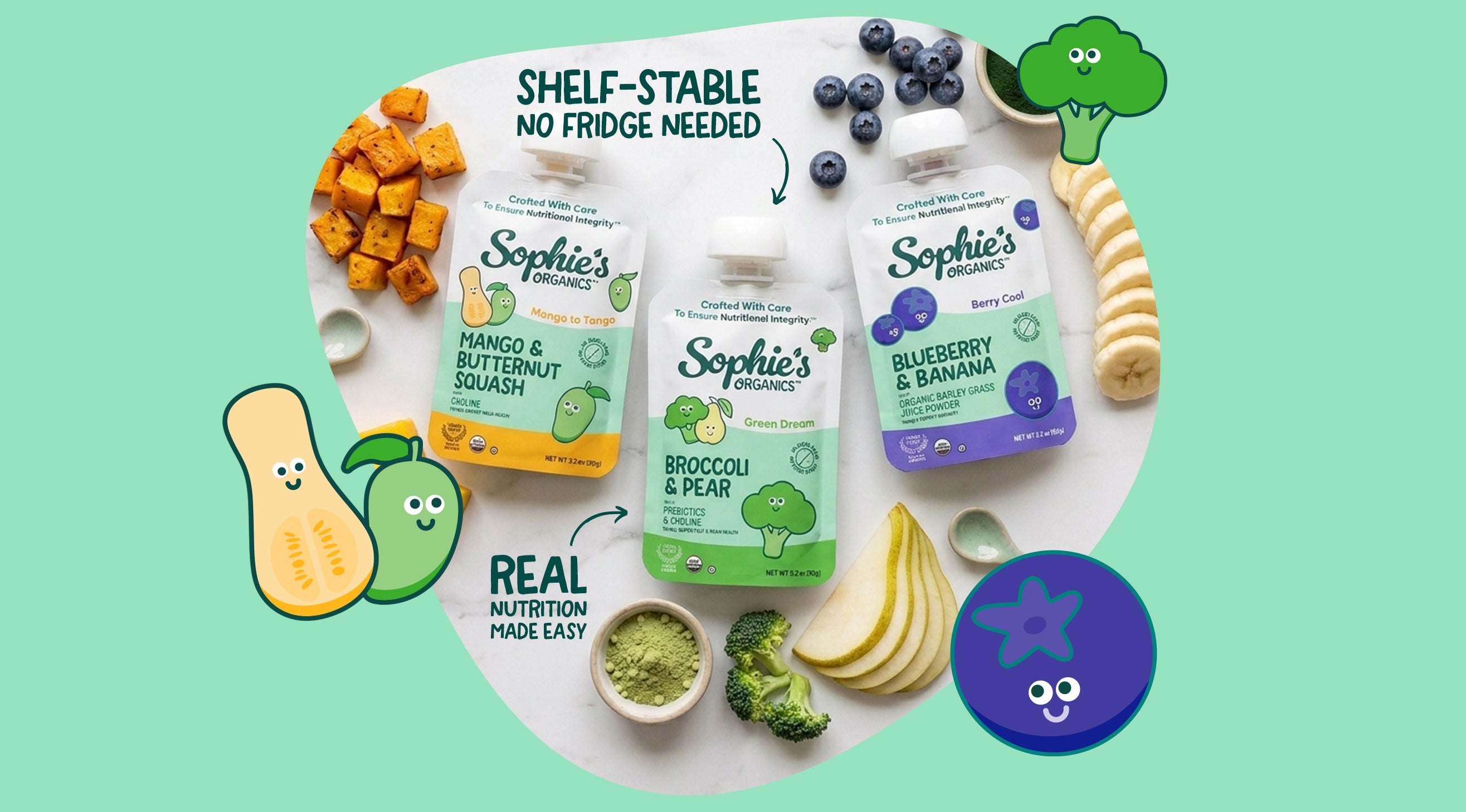 Sophie's Organics baby food pouches with various ingredients on a green background.