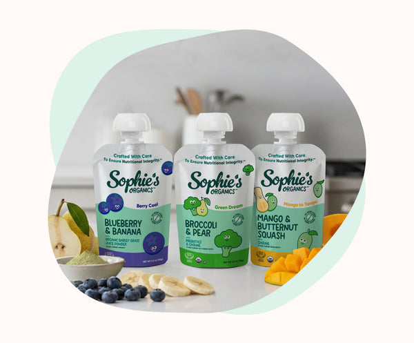 Sophie's Organics Berry Cool, Green Dream, and Mango to Tango organic baby food pouches on kitchen counter with fresh fruit and vegetables.