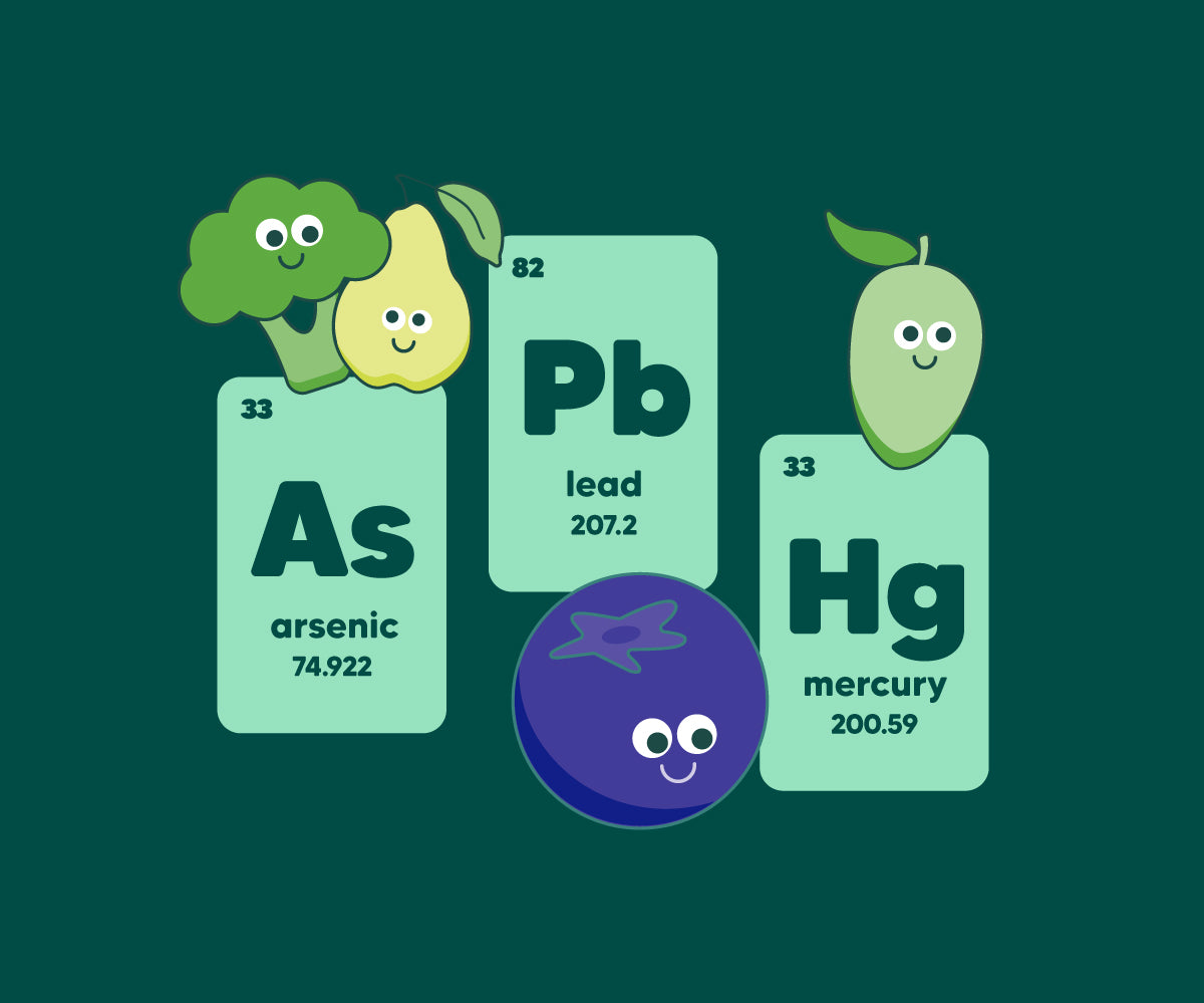 Illustrations of elements arsenic, lead, and mercury with periodic table-like labels on a green background.